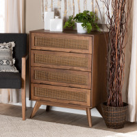 Baxton Studio MG9001-Rattan-4DW-Chest Barrett Mid-Century Modern Walnut Brown Finished Wood and Synthetic Rattan 4-Drawer Chest<
